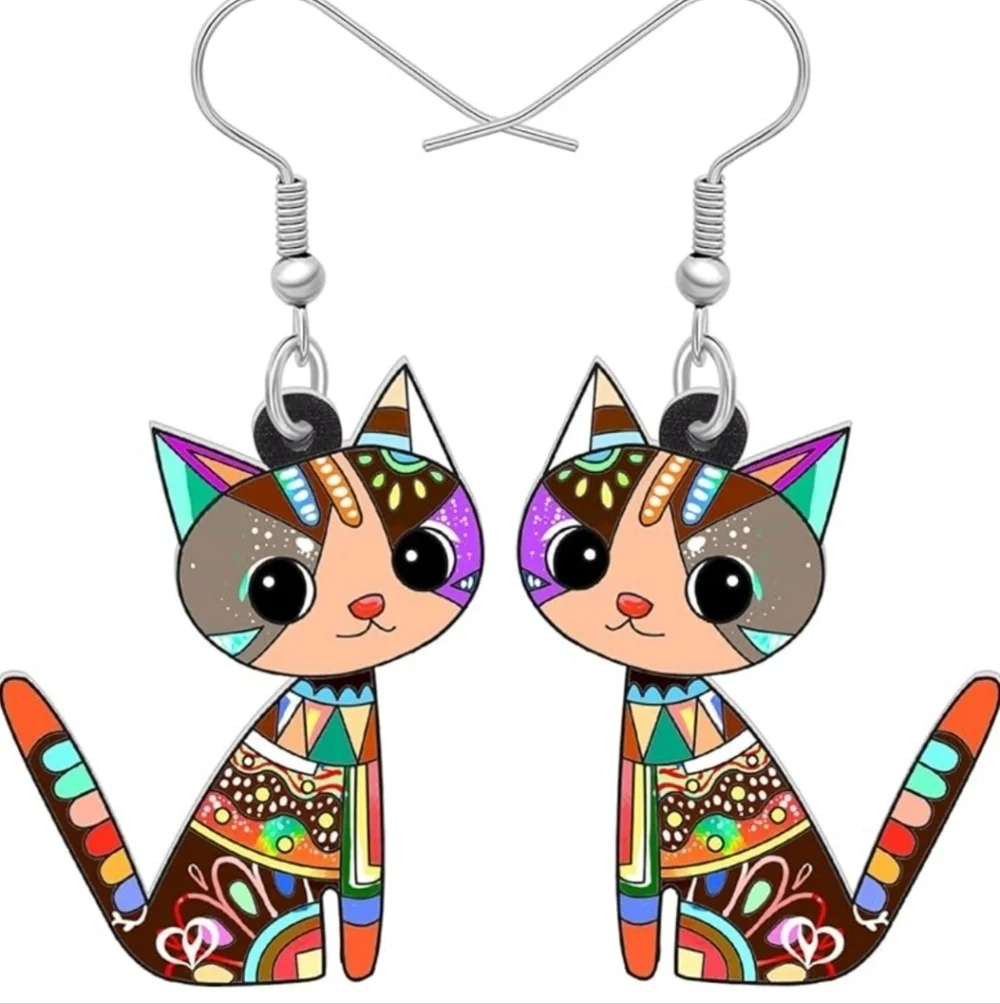 Women's jewelry unique multi-colored designed cat dangle earrings!